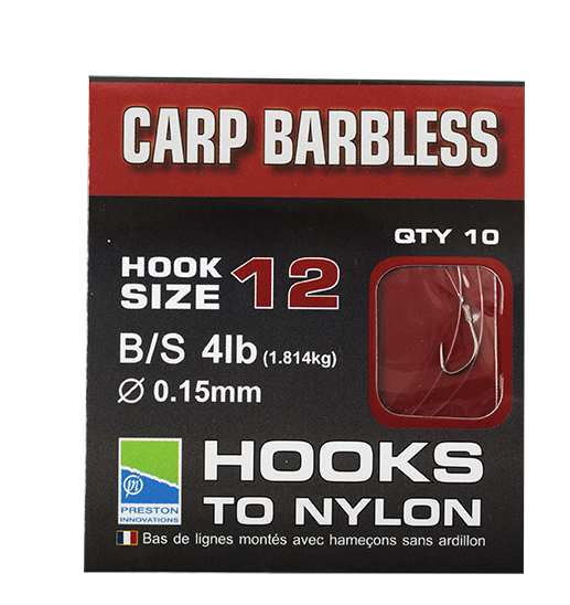 preston BARBLESS CARP HOOKS-TO-NYLON